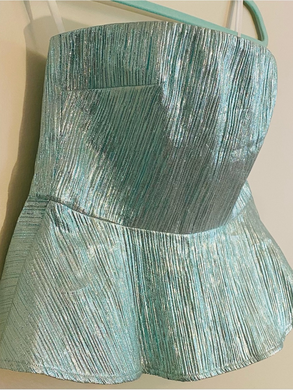 Lovers + Friends Strapless Metallic Lurex Ice Blue Peplum Bustier Flared Top Sm.